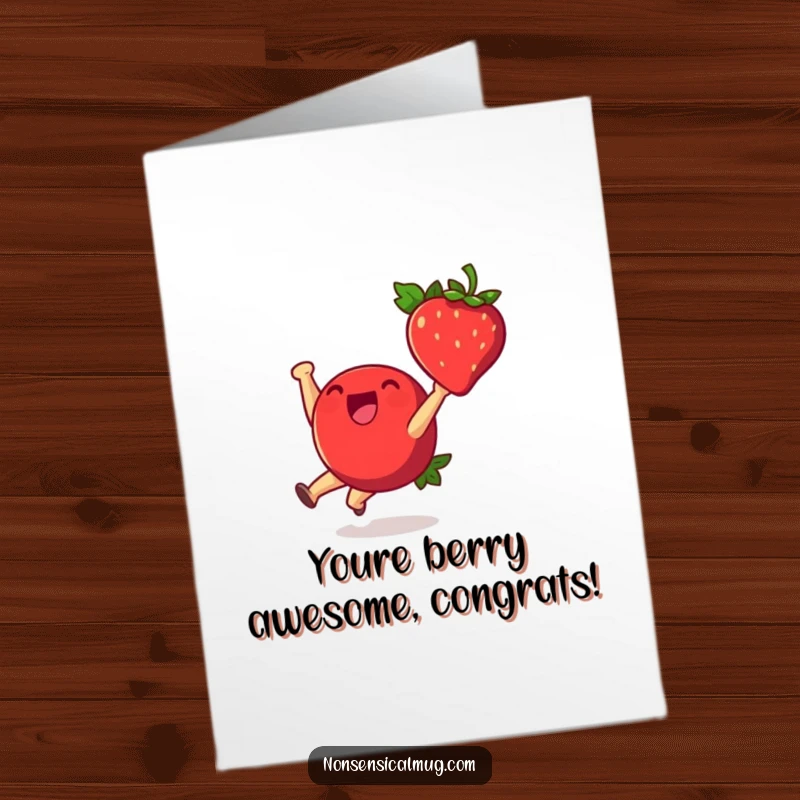 Funny Free Printable Congratulations Card: A cheerful strawberry performing a cartwheel, celebrating success with a happy leap and pure joy.