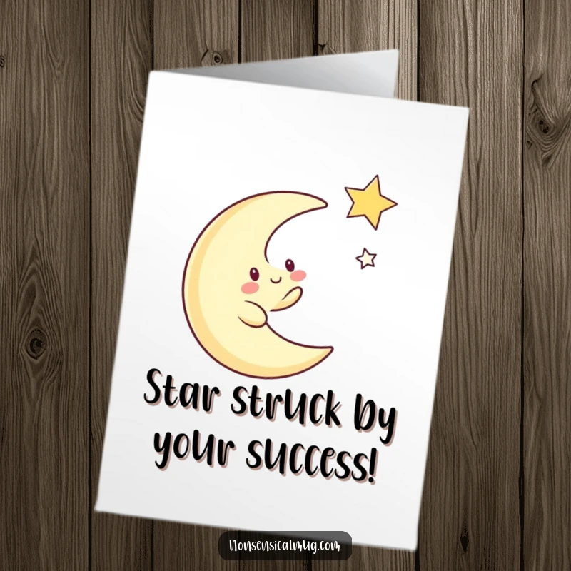 Funny Free Printable Congratulations Card: Adorable moon character joyfully pursues a sparkling star, celebrating success.