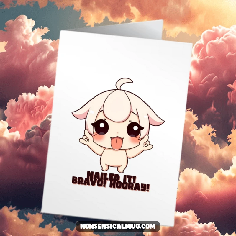 Free Printable Congratulations Card with a funny character sticking out their tongue and wiggling fingers, celebrating success.