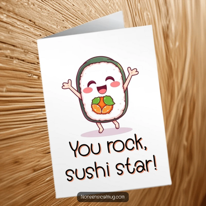 Funny Free Printable Sushi Congratulations Card showing a delighted sushi roll doing a happy dance, celebrating success with zest.