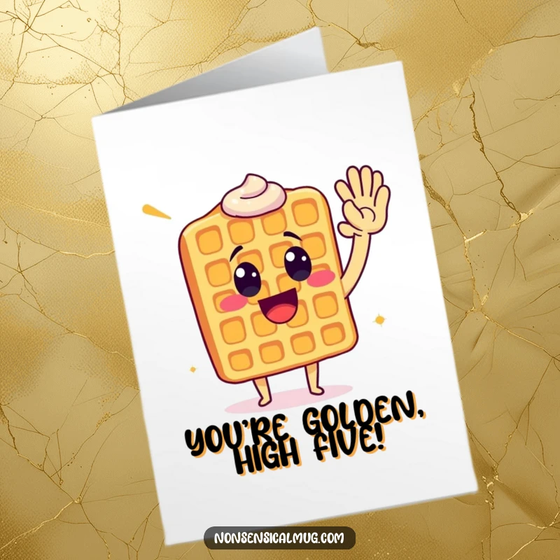 Funny Free Printable Congrats Card: An excited waffle offers a high five, celebrating a fantastic accomplishment.