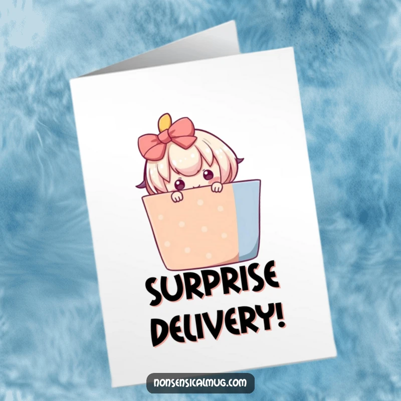 Funny free printable congratulations card featuring a blushing character peeking out from behind a large, vibrant gift.
