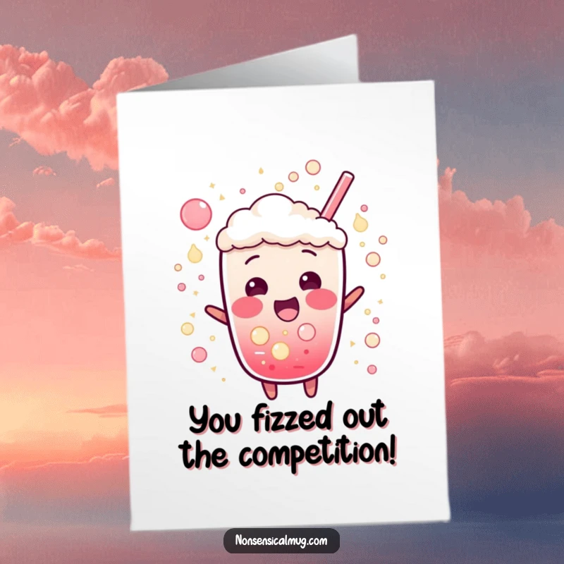 Funny Free Printable Congratulations Card: A bubbly soda character bursting with excitement, surrounded by fizz, celebrating success with high energy.