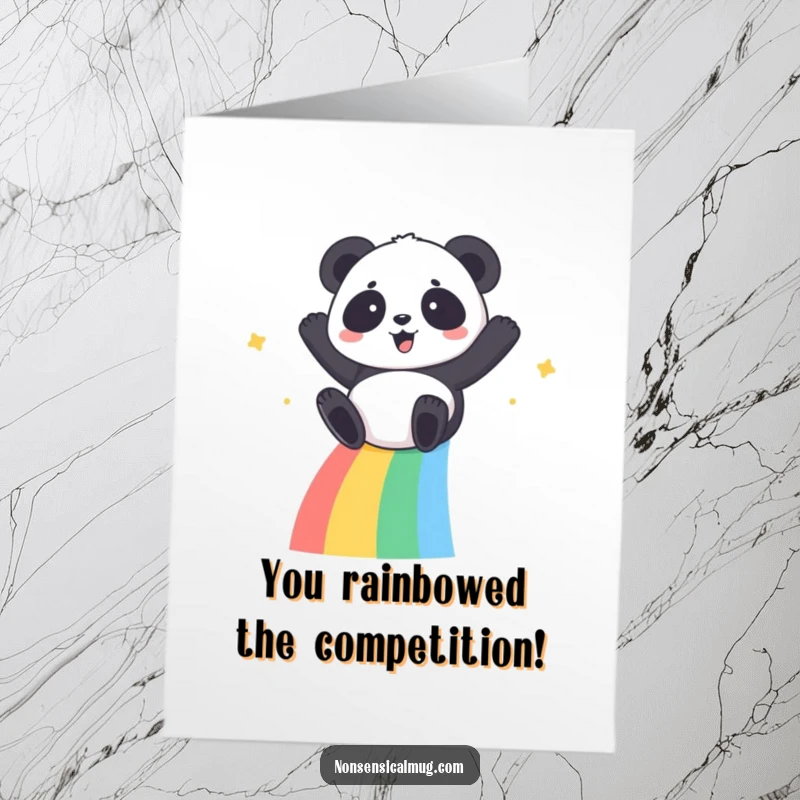 Funny Free Printable Congratulations Card: A happy kawaii panda slides joyfully down a rainbow, celebrating a wonderful success.