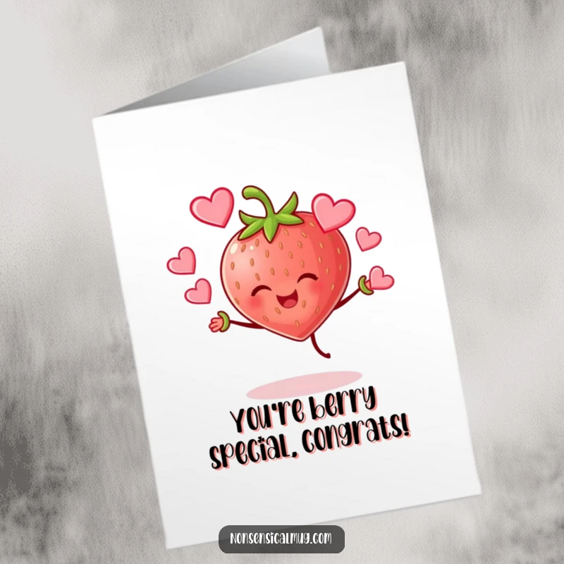 Funny Free Printable Congratulations Card: A happy strawberry character juggling hearts, celebrating success with joy.