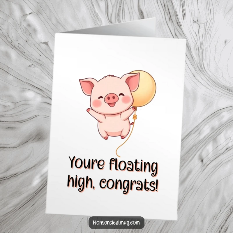 Free Printable congratulations card with a cute kawaii piglet soaring high on a balloon, spreading joy.