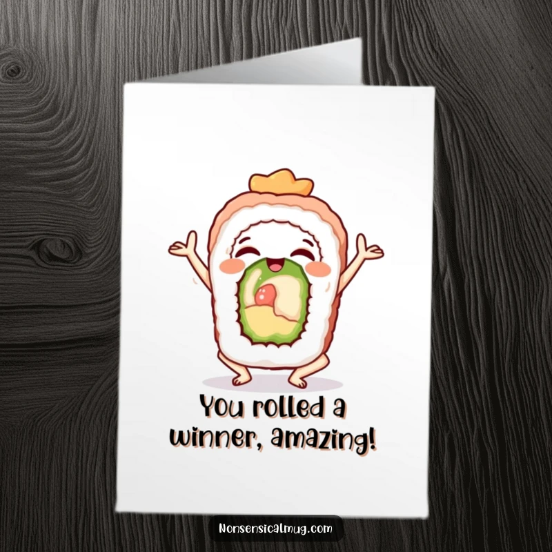 Funny Free Printable Congrats Card: A sushi roll strikes a serene yoga pose, symbolizing balanced success and celebration.