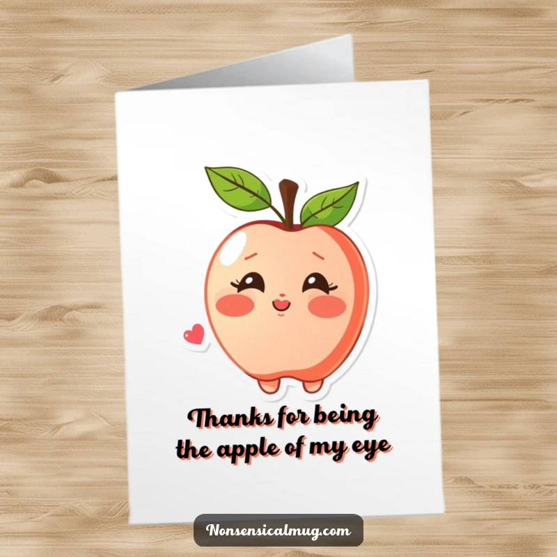 Funny Free Printable Apple Thank You Card featuring a blushing apple blowing a kiss, conveying sweet and heartfelt thanks.