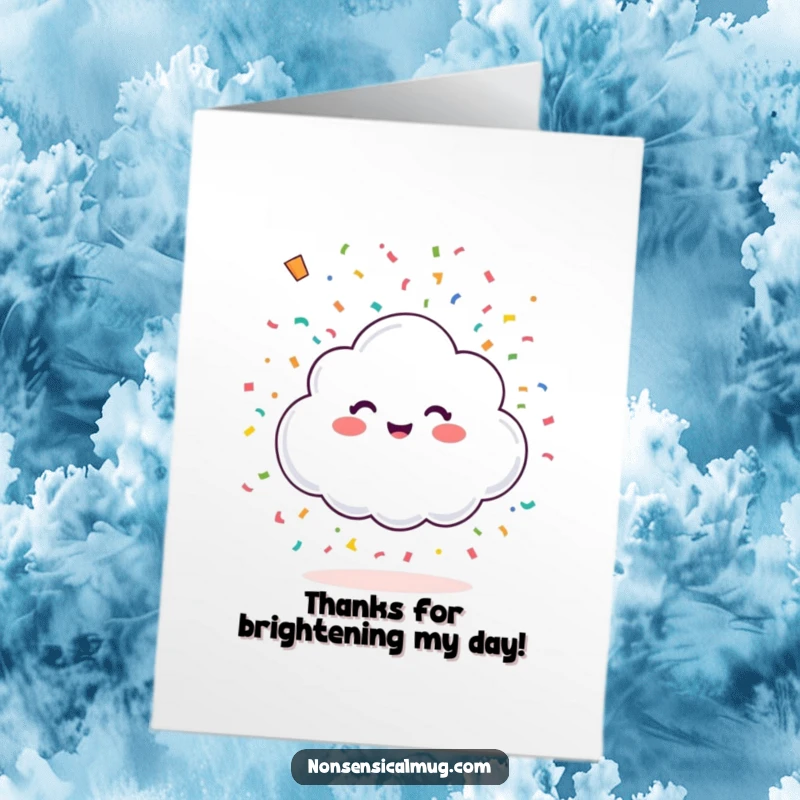 Funny Free Printable Thank You Card: A happy cloud character showering colorful confetti from above, saying thanks.