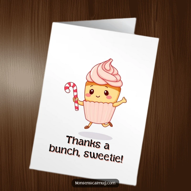 Funny free printable thank you card featuring a kawaii cupcake character jumping rope with a candy cane, expressing sweet appreciation.