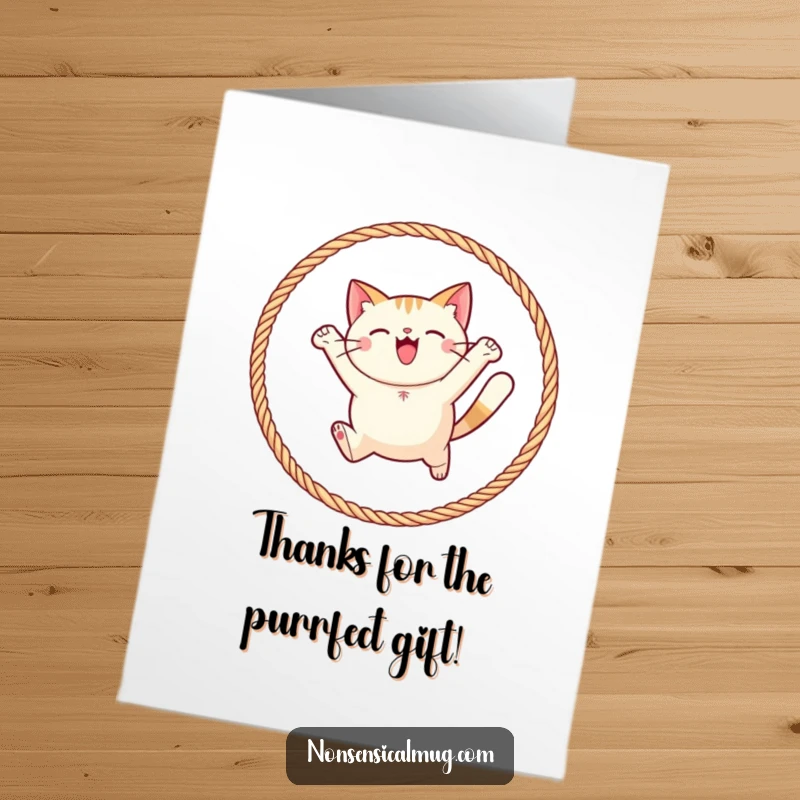 Funny Free Printable Thank You Card: A round cat joyfully leaping through a hoop of yarn, sending thanks.