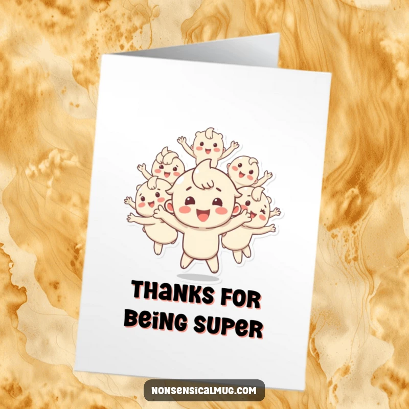 Funny Free Printable Thank You Card: Happy character splits into many bouncing copies, signifying thanks.