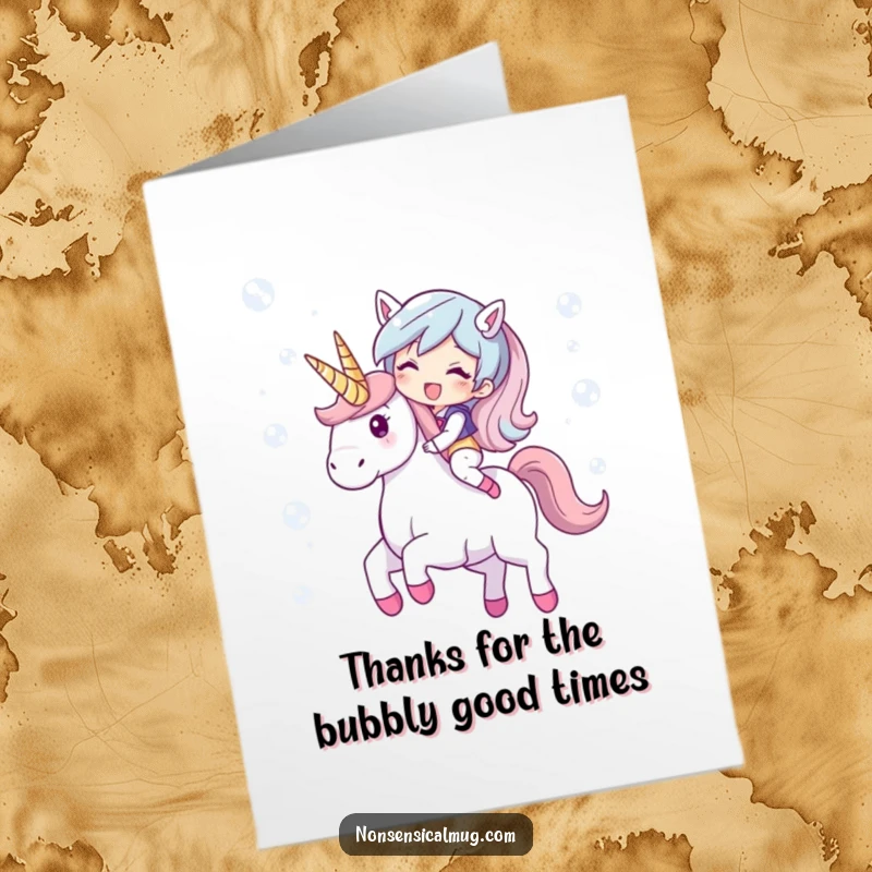 Funny Free Printable Thank You Card: giggling character rides a unicorn made of shimmering bubbles, saying thanks.