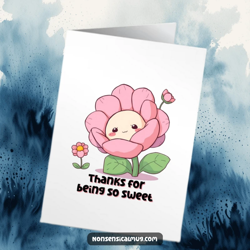 Funny free printable thank you card with a curious blob character peeking from behind a flower, expressing thanks playfully.