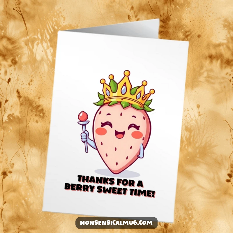 Funny Free Printable thank you card, a smiling strawberry wearing a crown and holding a scepter, conveying sincere gratitude royally.