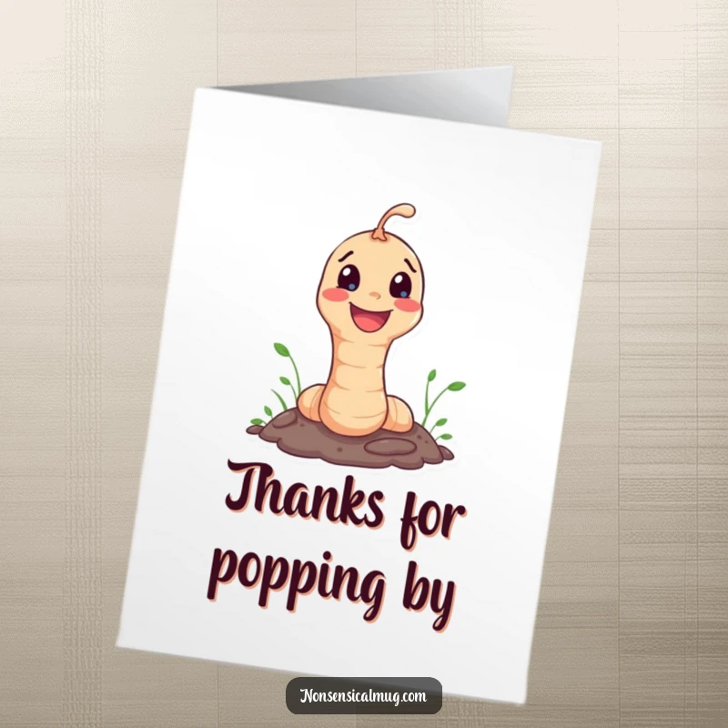 Funny Free Printable Thank You Card: A happy worm joyfully pops out of the ground, offering a heartfelt thank you.