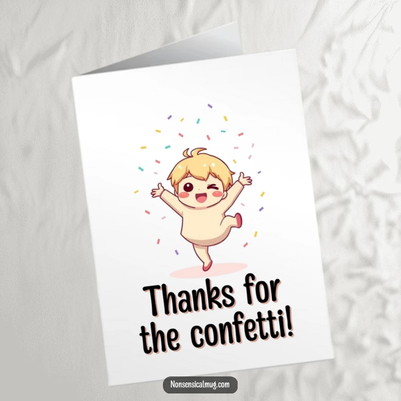 Funny Free Printable Thank You Card: A Kawaii character does a cartwheel, showering confetti in gratitude.