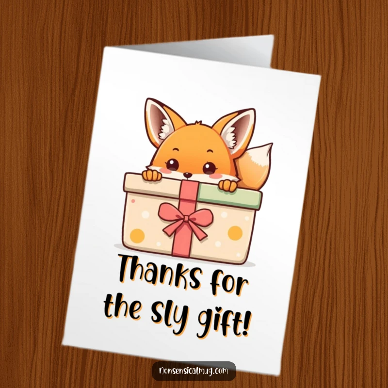 Funny Free Printable Thank You Card: A kawaii fox peeks from behind a colorful gift, offering a cute and funny thanks.