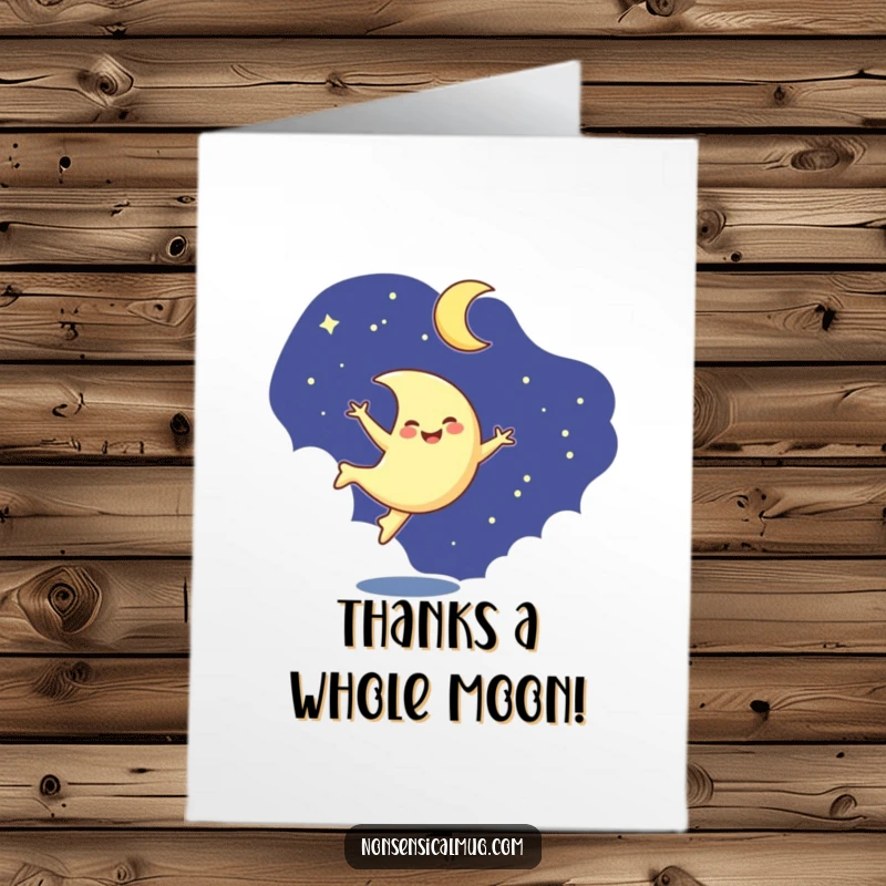 Funny Free Printable Thank You Card: A smiling crescent moon character performing a fun cartwheel against the night sky.