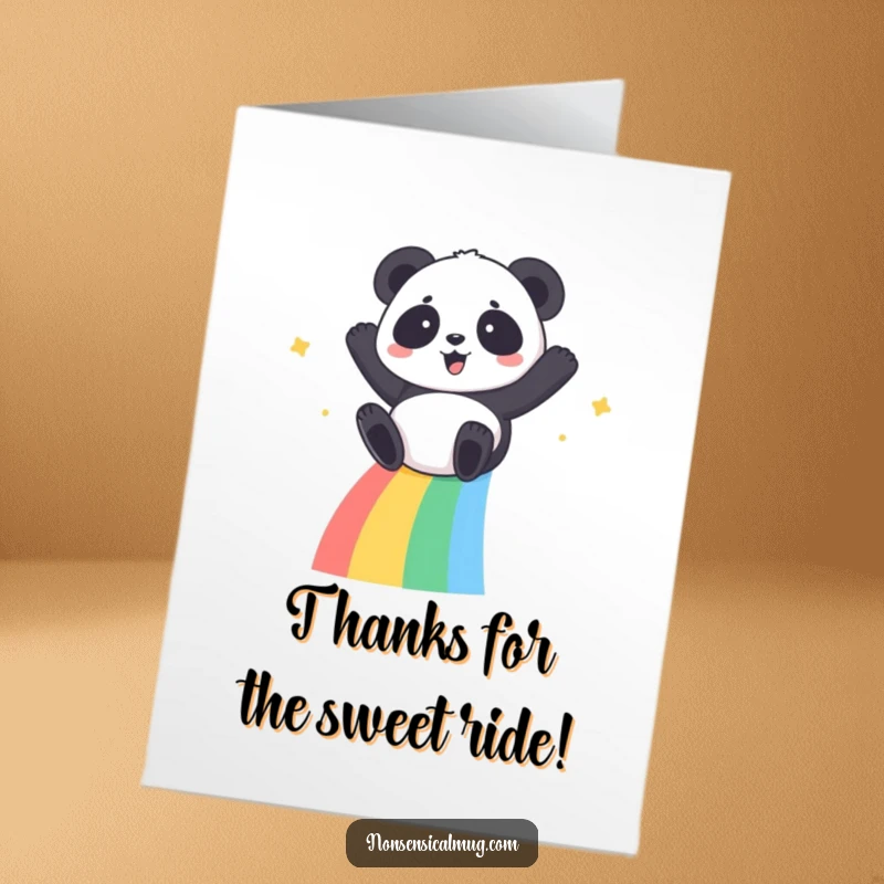 Funny Free Printable Thank You Card: A kawaii panda slides gleefully down a rainbow, offering a fun and colorful thank you.