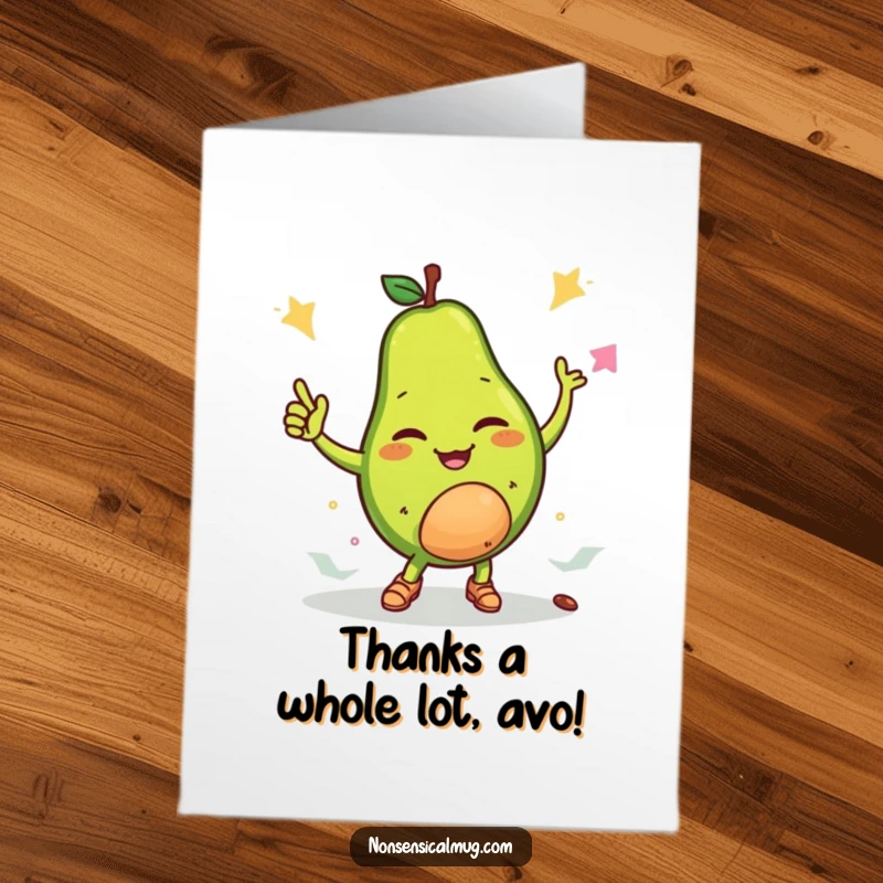 Funny Free Printable Thank You Card: A winking avocado breakdancing with its pit, showing thanks through energetic, cool moves.