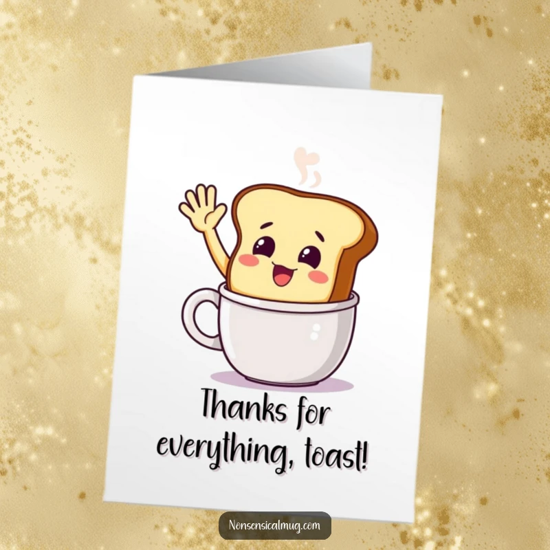 Funny Free Printable Thank You Card: A smiling toast character excitedly waving hello from a steaming mug.