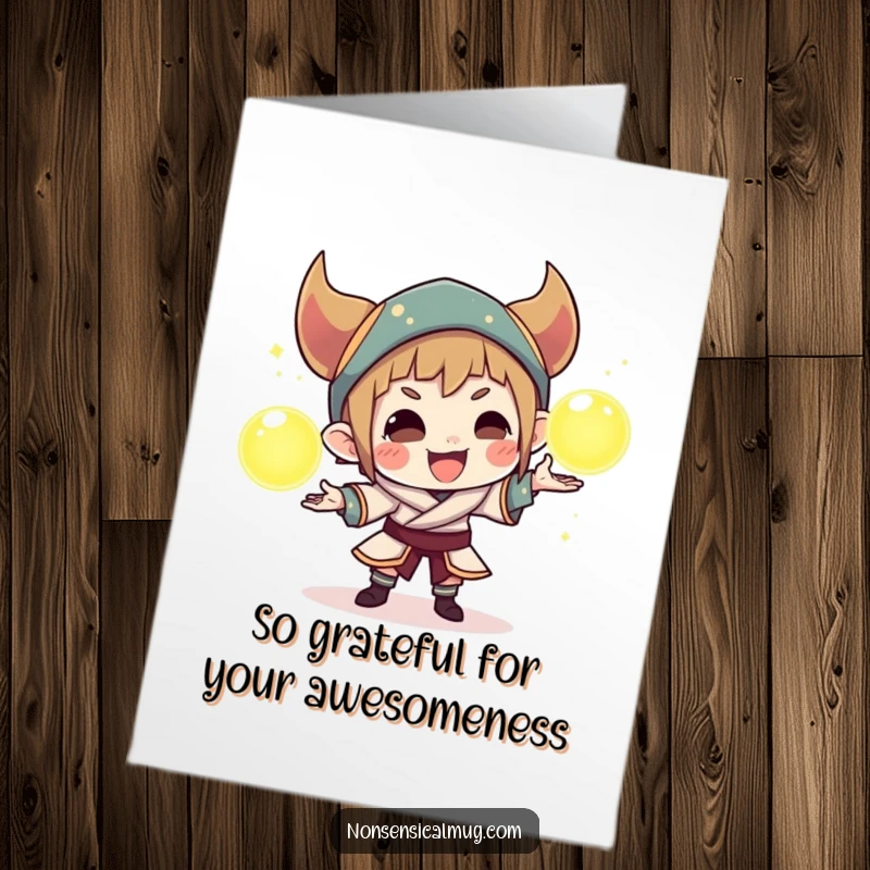 Funny Free Printable Thank You Card: Mischievous character juggles glowing orbs, playfully showing thanks for kindness received.