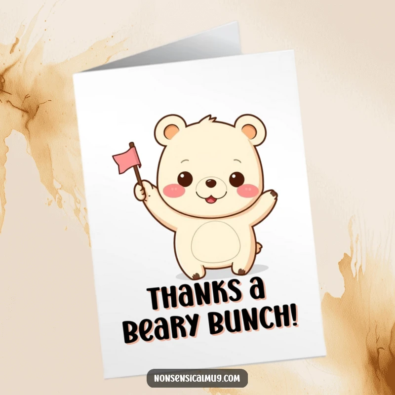 Funny Free Printable Thank You Card featuring a cute kawaii bear with a cheerful grin waving a tiny flag of thanks.