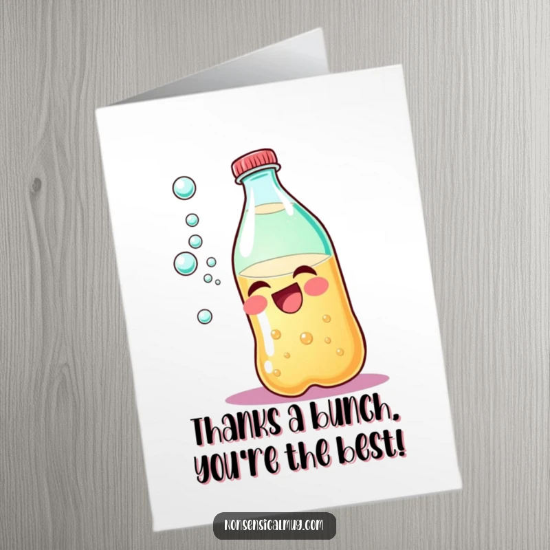 Funny Free Printable Thank You Card: A laughing soda bottle shares its effervescent joy, perfect for expressing appreciation.