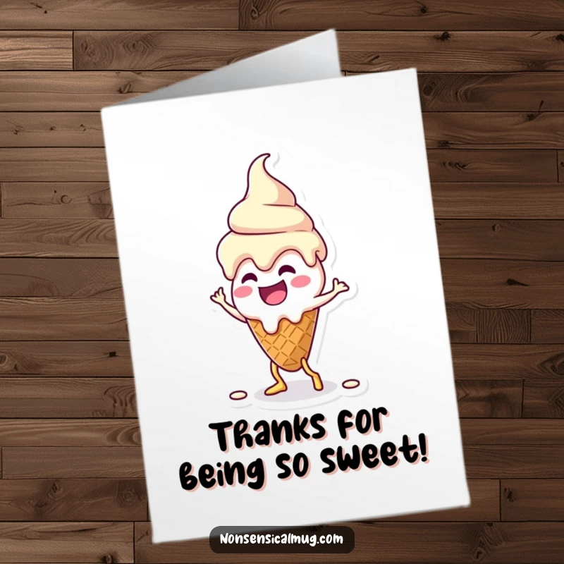 Funny Free Printable Thank You Card: Melting ice cream cone character doing a silly dance, making thanks a sweet, downloadable celebration.