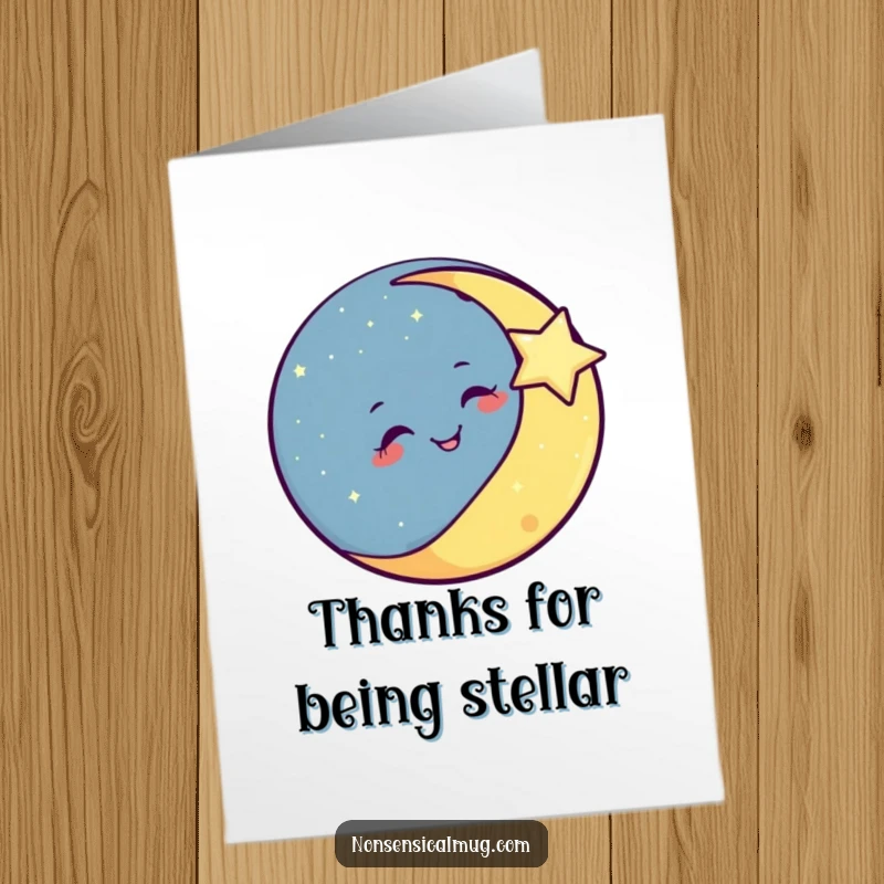 Funny free printable thank you card with a winking moon and a twinkling star, sending celestial appreciation.