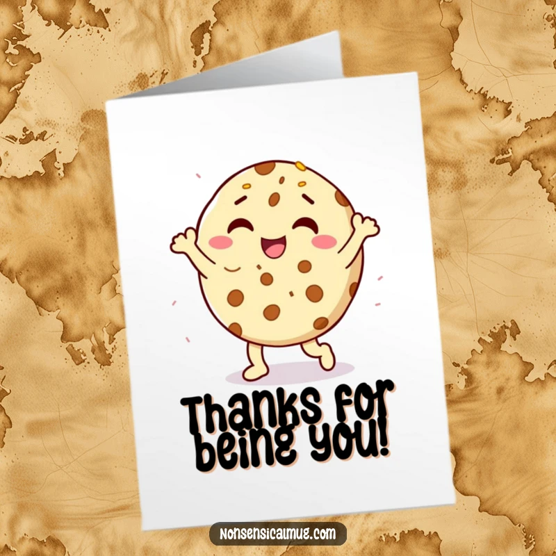 Funny free printable thank you card with a delighted cookie character doing a happy dance with sprinkles, expressing sweet appreciation.
