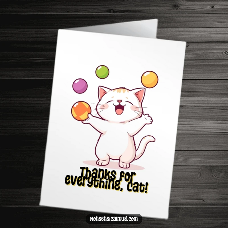 Funny Free Printable Thank You Card of a cute kawaii cat enthusiastically juggling three colorful balls, conveying heartfelt thanks.