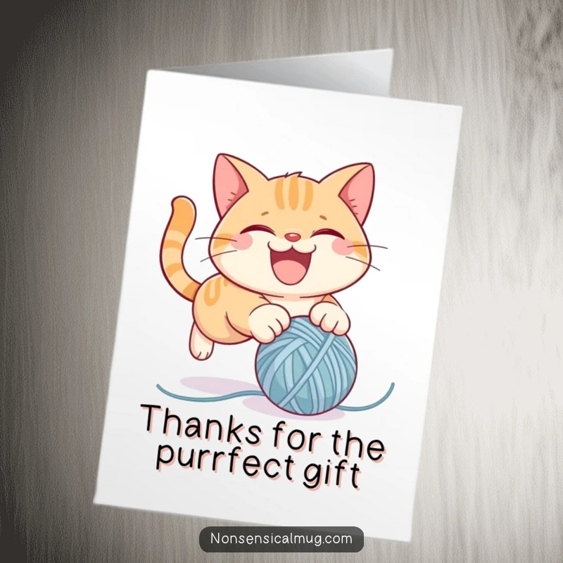 Funny Free Printable Cat Thank You Card with a mischievous cat pouncing on yarn, expressing thanks with playful energy.