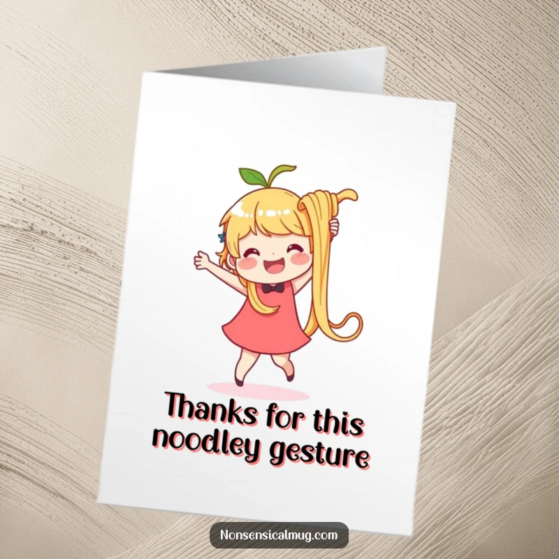 Funny Free Printable Thank You Card: delighted character dances with an oversized wiggling noodle, expressing thanks.