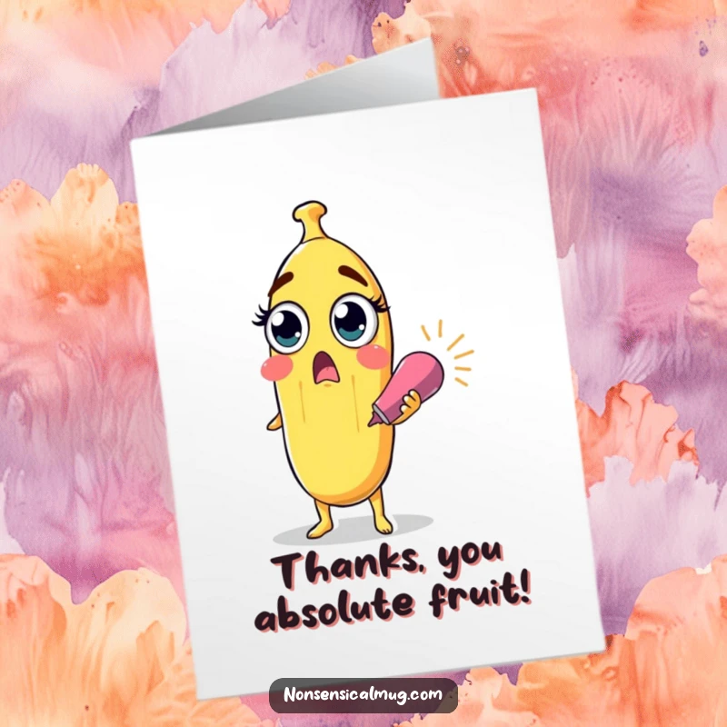 Funny free printable thank you card with a surprised banana character with wide eyes holding a party popper, expressing fruity gratitude.