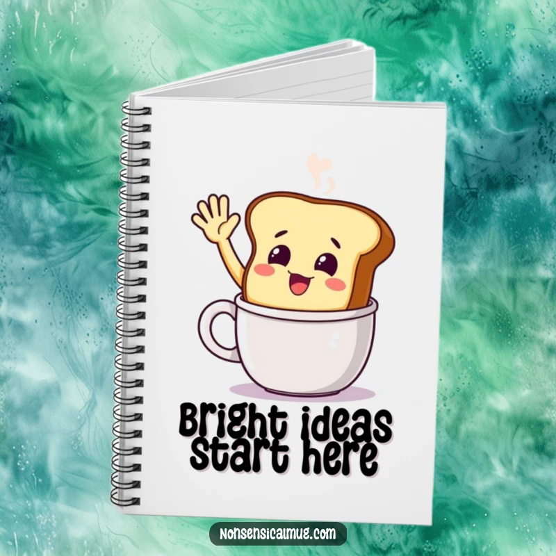 Funny smiling toast character waving from a steaming mug on a notebook, inspiring warm thoughts and creative writing.