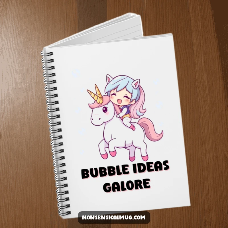 Funny notebook cover with a giggling character riding a unicorn made of shimmering bubbles. Ideal for notes and dreams.