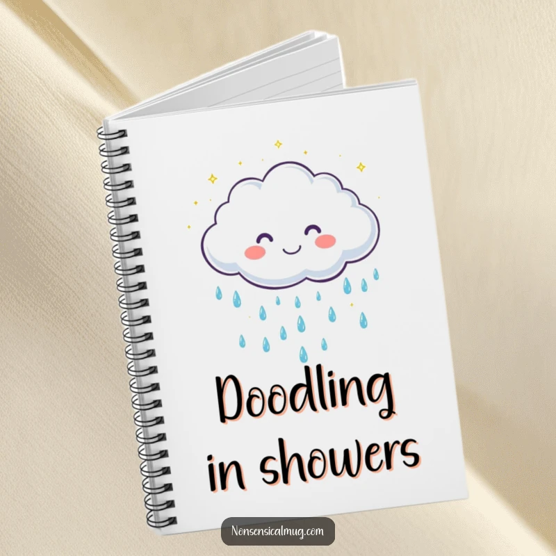 Funny notebook with a cute, grinning cloud character showering gentle, sparkling raindrops, ideal for jotting down cheerful notes.