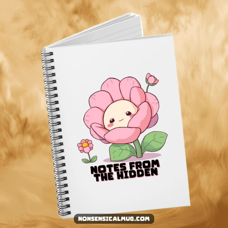 Funny curious blob character peeking from behind a large flower on the cover of a notebook, ready for thoughts.