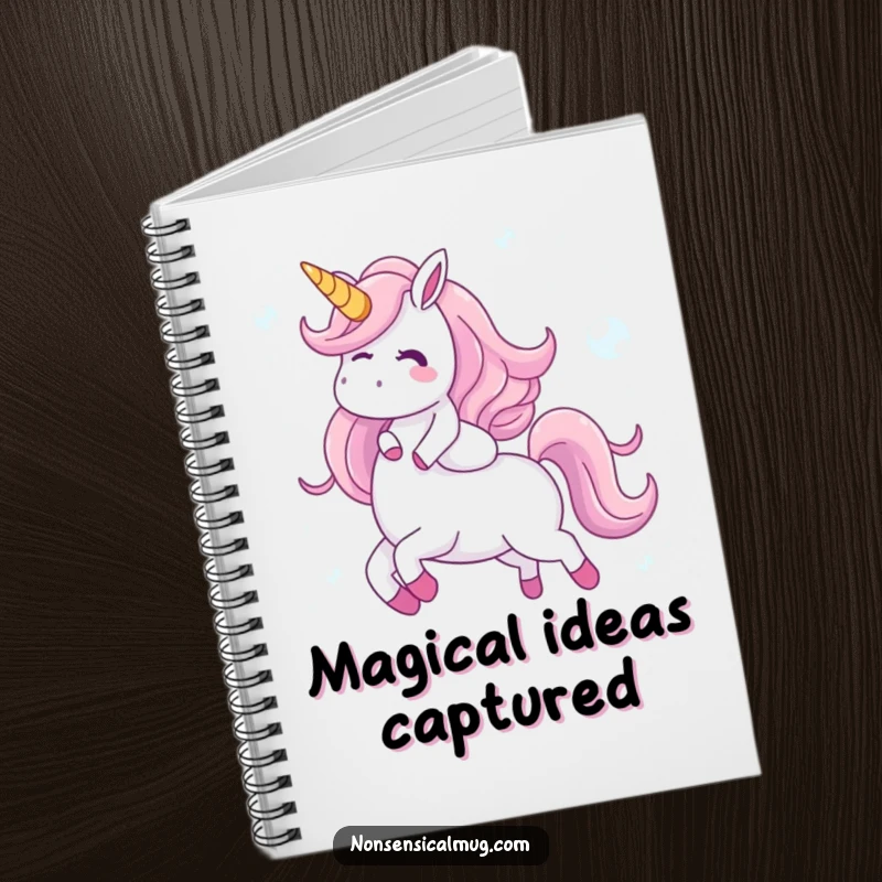 Funny notebook featuring a giggling character riding a unicorn made of shimmering bubbles, perfect for notes, sketches, and capturing whimsical ideas, a unique gift.