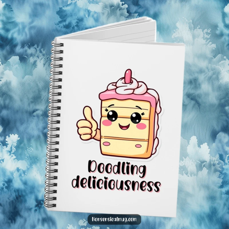Funny notebook cover featuring a happy slice of cake giving a thumbs up, inspiring sweet thoughts and ideas.