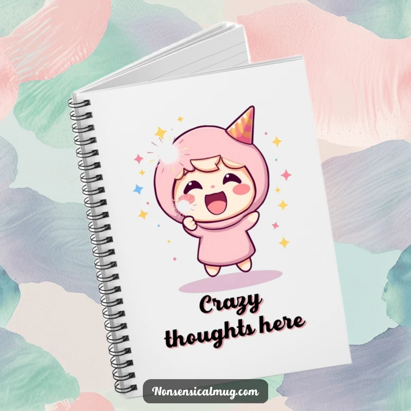 Funny notebook cover with a joyful character launching a party popper, inspiring creativity and cheerful note-taking.