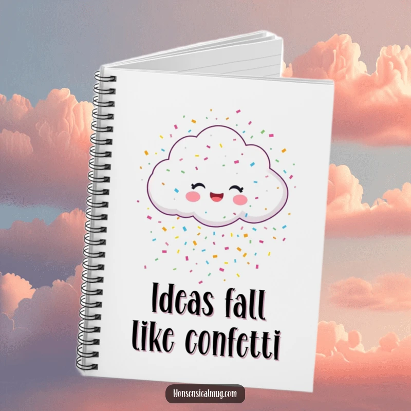 Funny notebook cover featuring a happy cloud showering colorful confetti, inspiring cheerful thoughts and creative ideas.