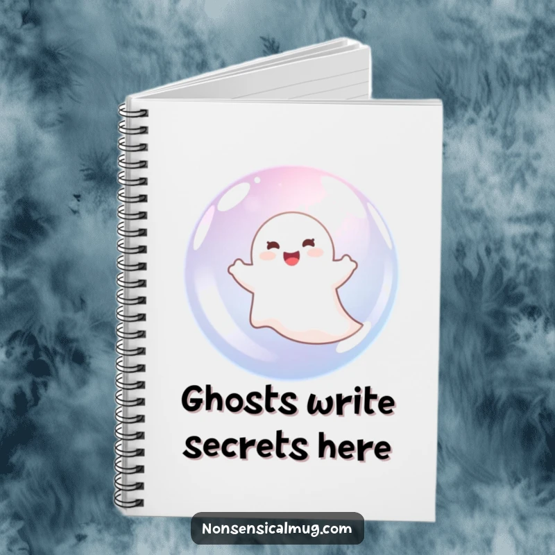 Funny ghost floating happily inside a bubble on the cover of a notebook, ready for writing.