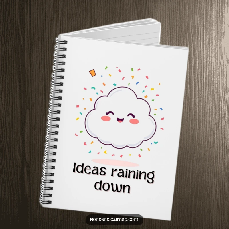 Funny happy little cloud showering colorful confetti from above on a notebook, inspiring joyful thoughts and creative writing.