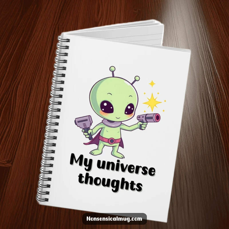 Funny Kawaii Alien Sparkle Ray Gun Notebook: A cute alien fires a sparkle-shooting ray gun, ideal for jotting down creative thoughts.