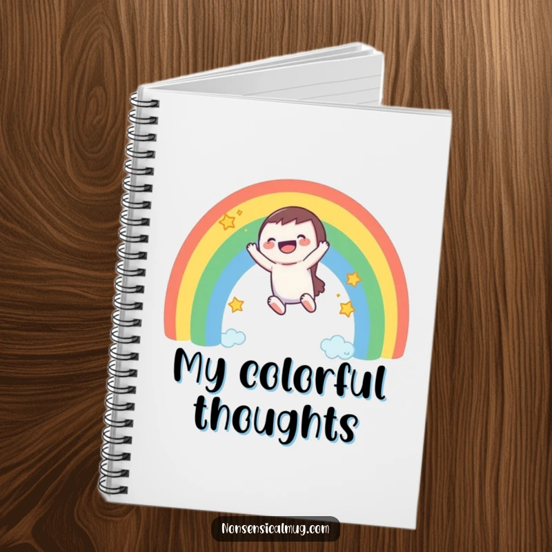 Funny notebook: a laughing character slides down a rainbow, leaving a trail of stars, perfect for jotting ideas.