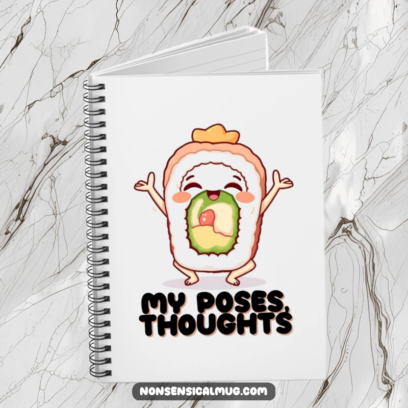 Funny sushi roll in a yoga pose, featured in a notebook for humorous and mindful journaling.