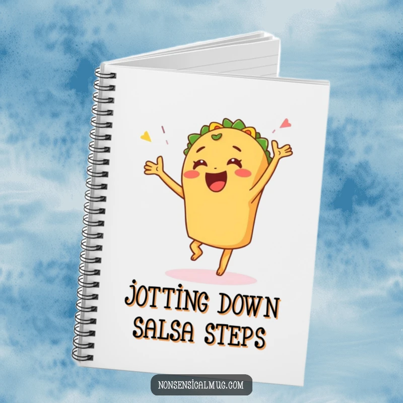 Funny notebook cover featuring a happy taco in a celebratory dance, inspiring joyful food ideas and plans.
